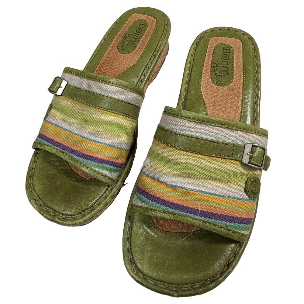 Born Sandals Womens Size 8 Green Multicolor Striped Leather Slide Wedge Shoes